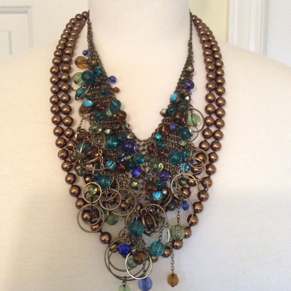 Bronze/gold tone mesh, bib necklace with beads.